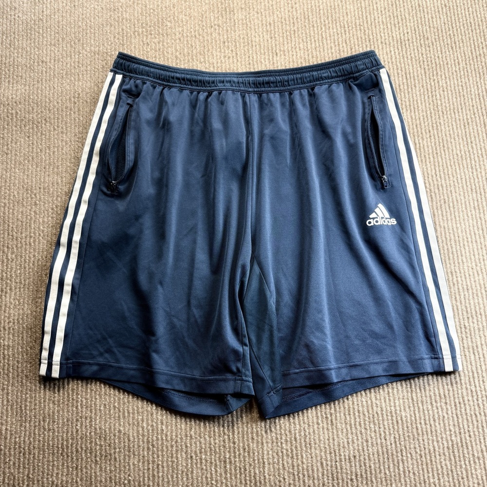 Adidas Shorts Mens 2XL Blue AEROREADY Primeblue 3 Stripe Zip Pockets 9 Inseam